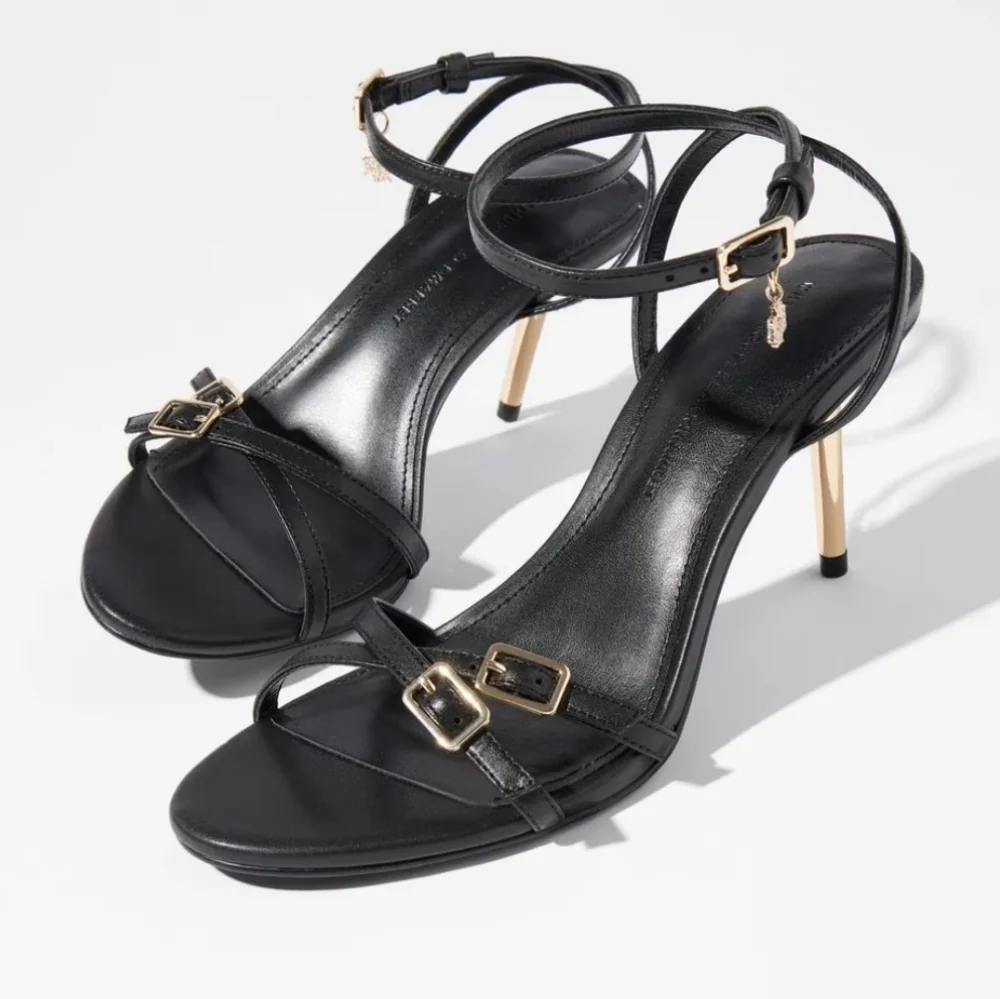 WHBM Black Strappy Gold Heels NEW IN BOX